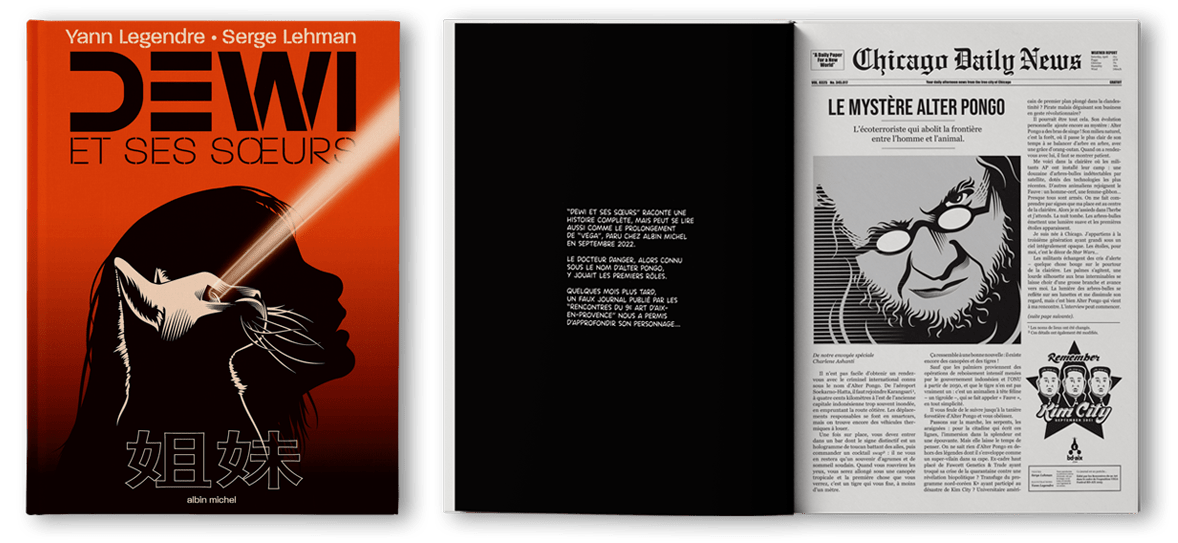 Couverture et extrait de "Dewi & ses sœurs" de Yann Legendre et Serge Lehman, paru en 2025, aux éditions Albin Michel