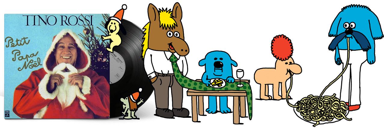 Pochette du 45 tours "Petit Papa Noël" de Tino Rossi et illustrations d'Anouk Ricard.